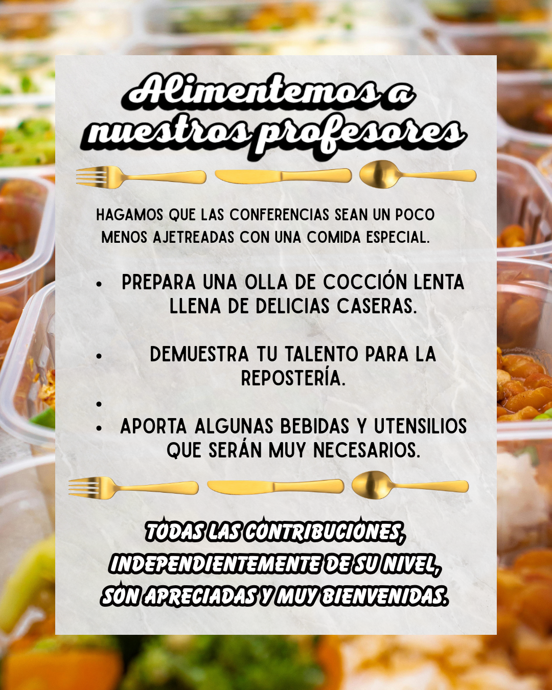 Flyer encouraging contributions of food, drinks, and utensils for teachers. Spanish text with food images.