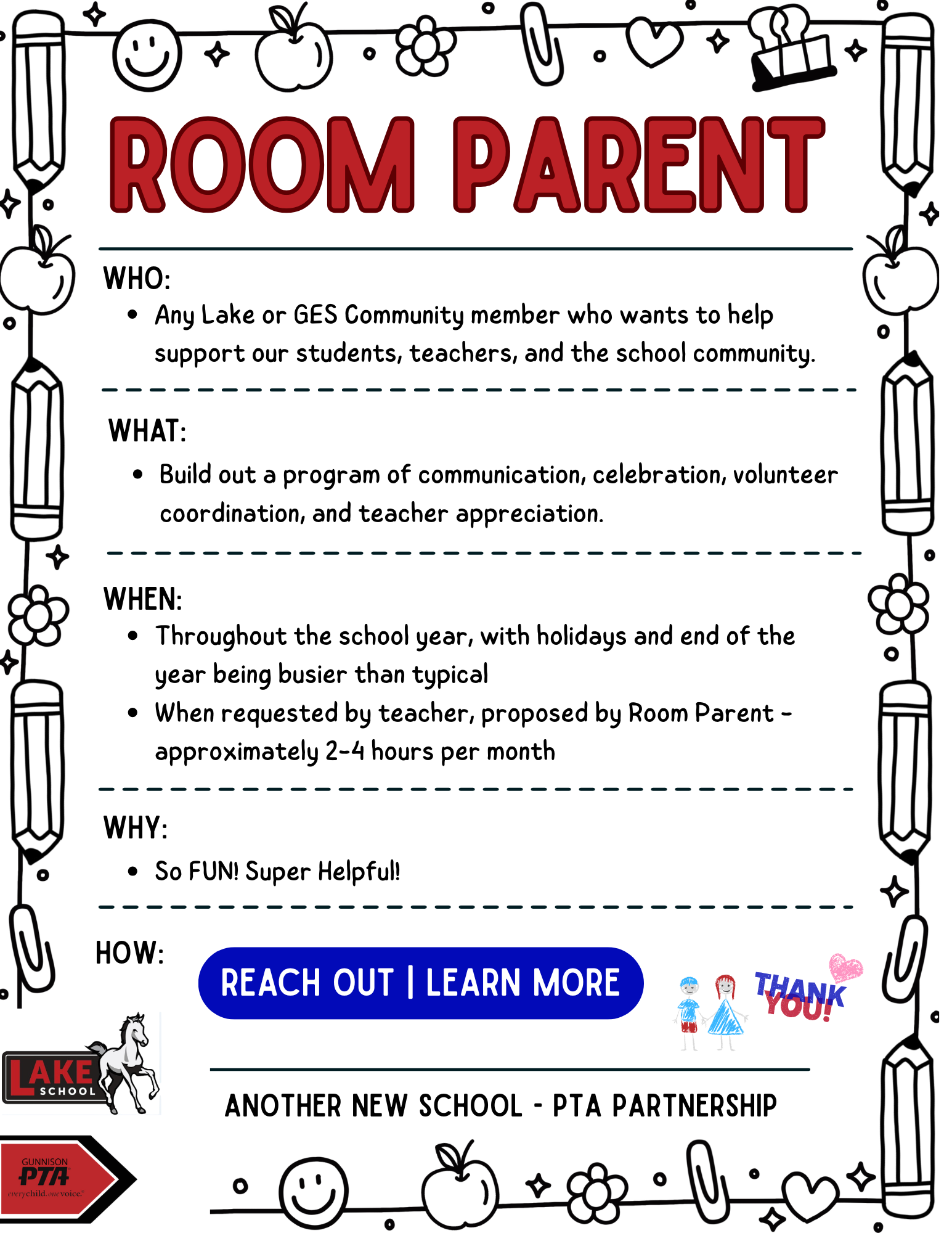 Flyer promoting room parents. Text includes
