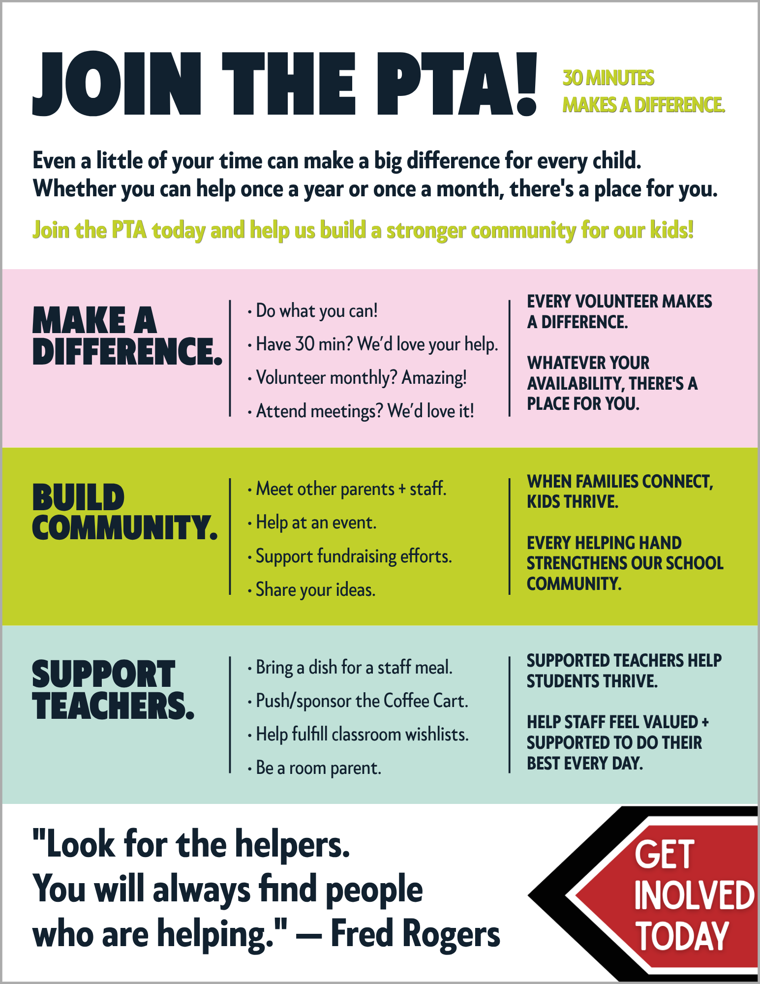 PTA recruitment flyer with bold “Join the PTA,” colored sections, benefits, and a QR code at the bottom right