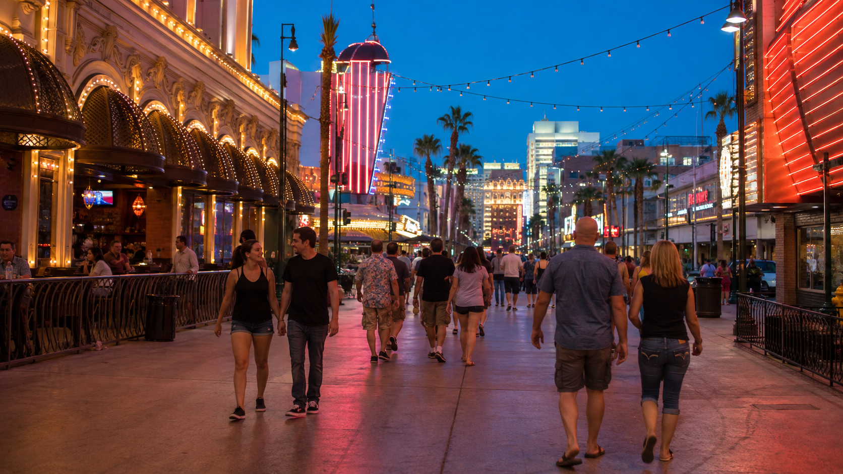 Visitors exploring Fremont Street in downtown Las Vegas with neon lights, restaurants, and evening activity.