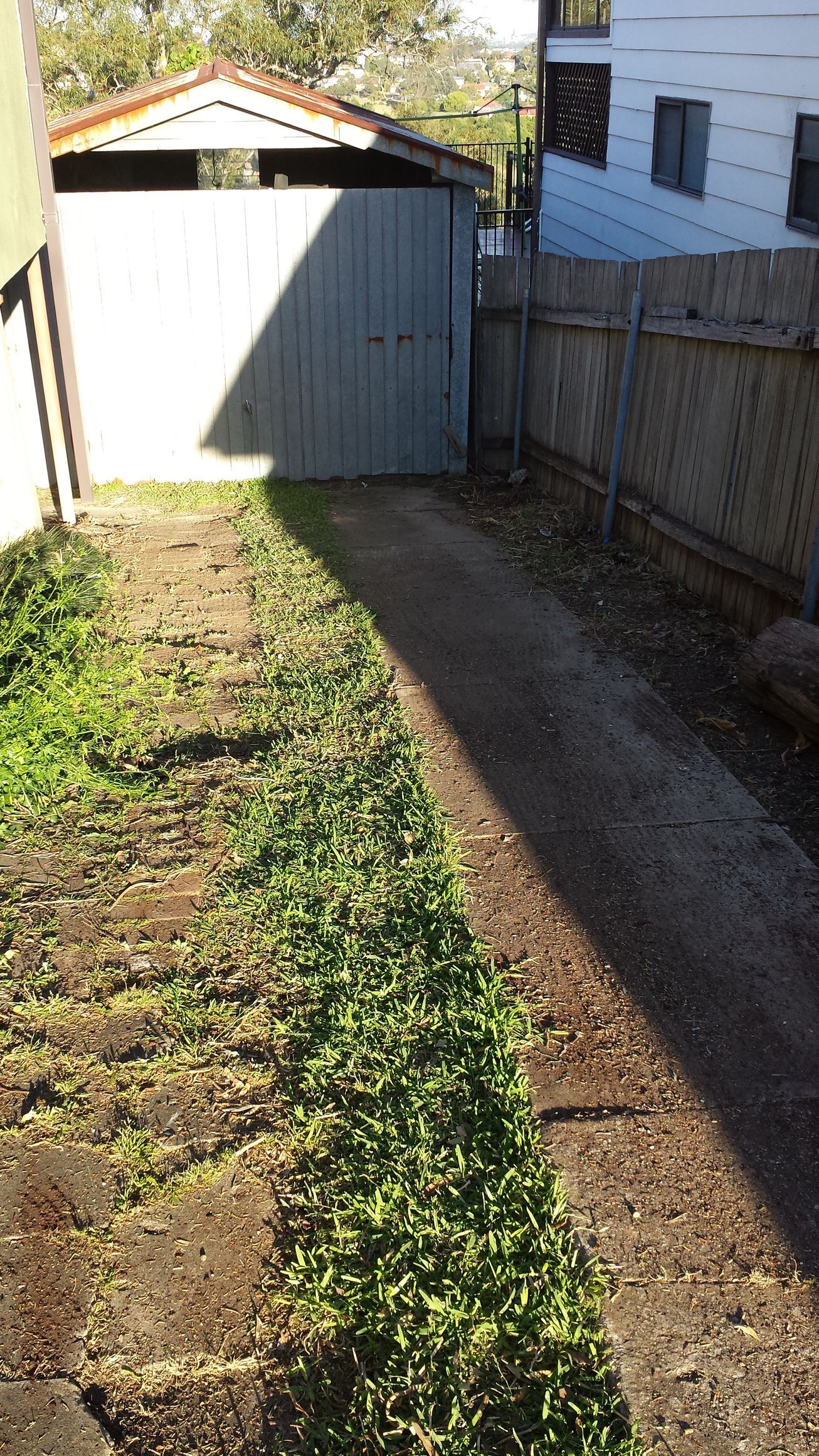 A cleaned-up backyard area with a paved pathway and a small shed at the end.