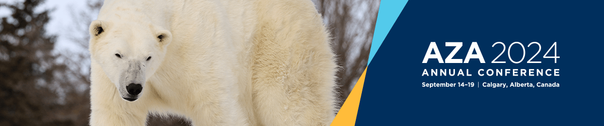 A polar bear is standing in front of a sign that says aza 2024
