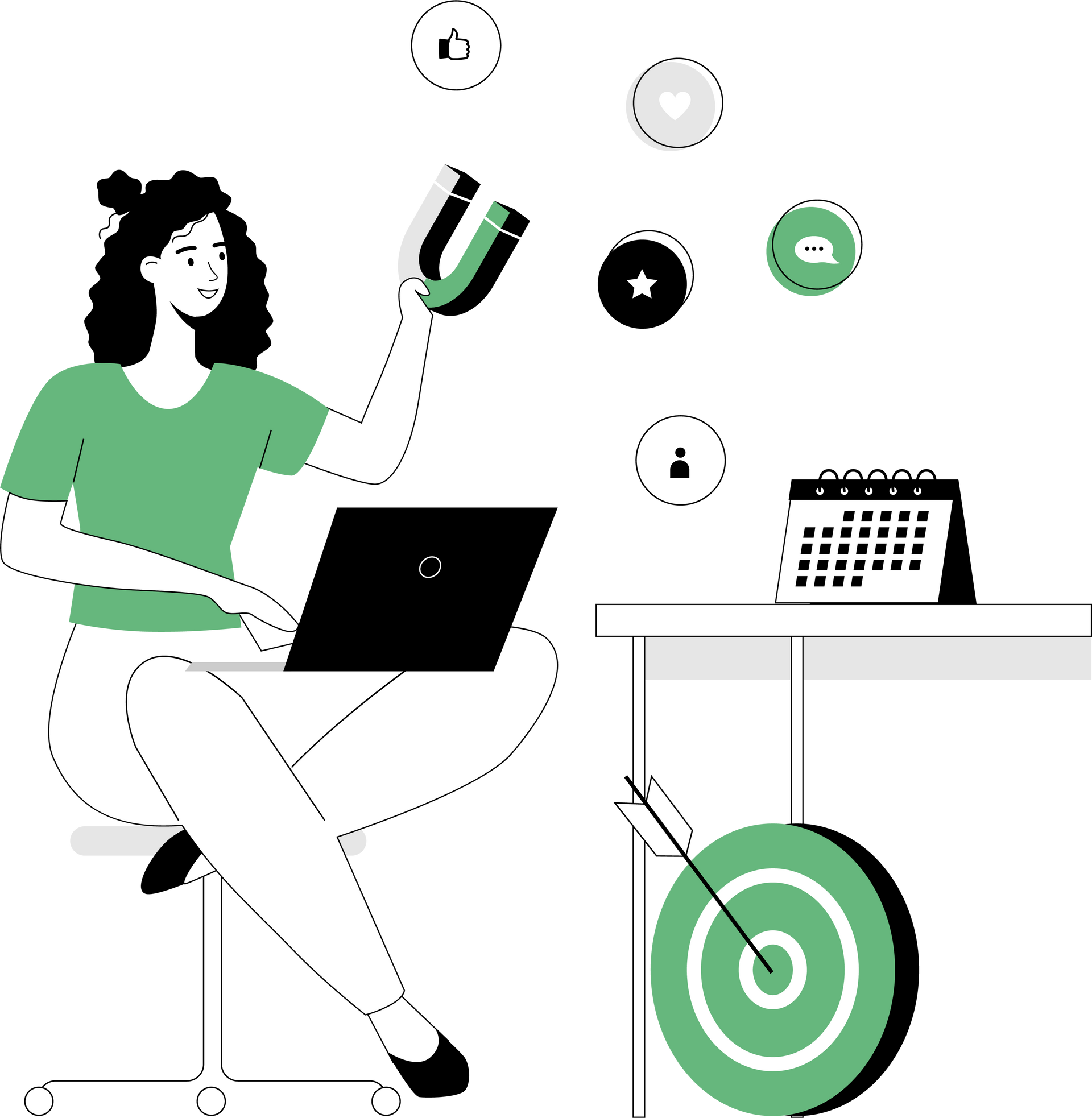 A woman is sitting at a desk with a laptop and a target.