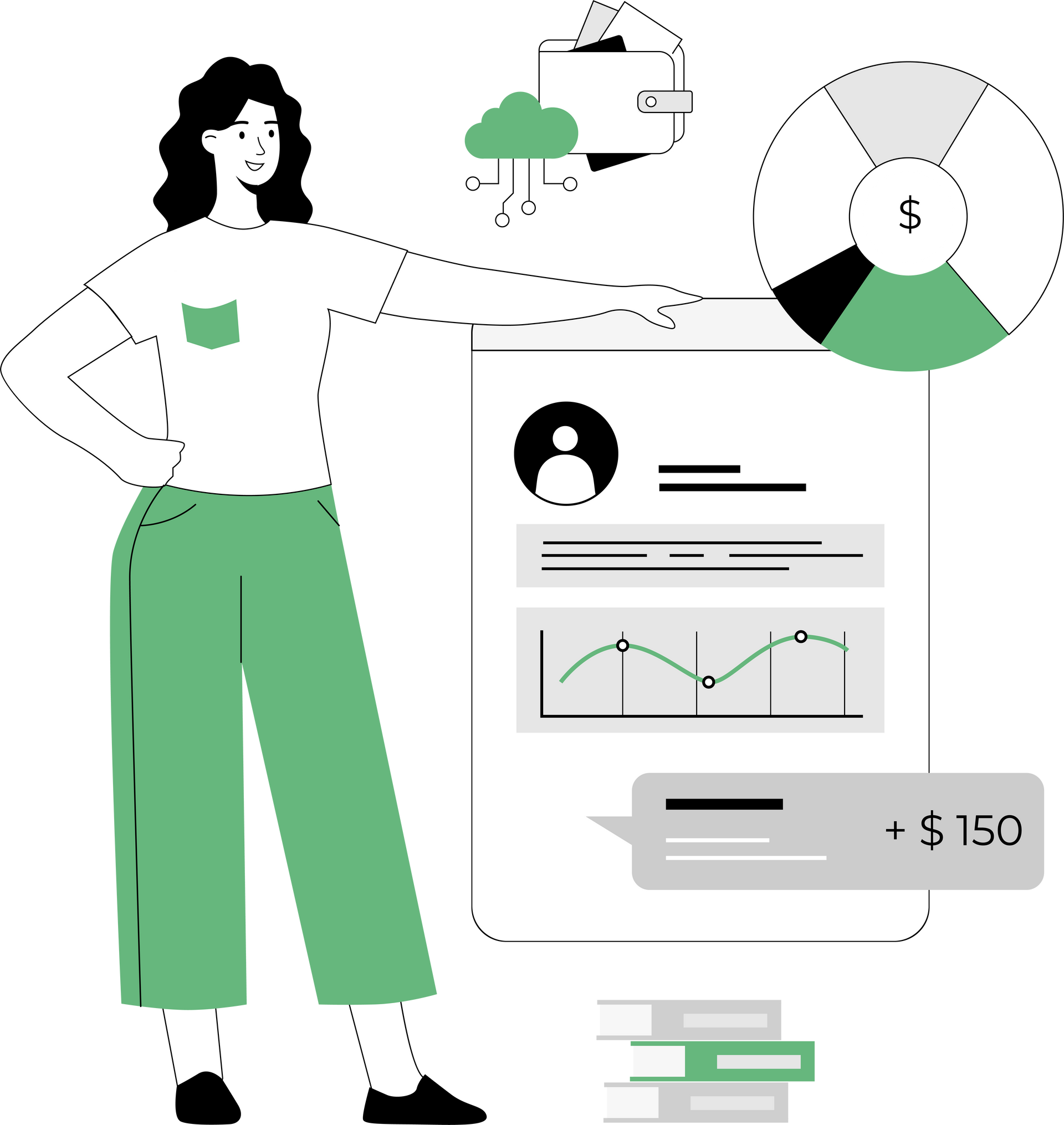 A woman is standing next to a large piece of paper with graphs on it.
