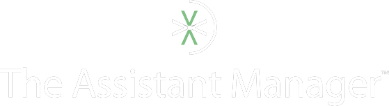 A white logo with a green x and the words `` the assistant manager ''.