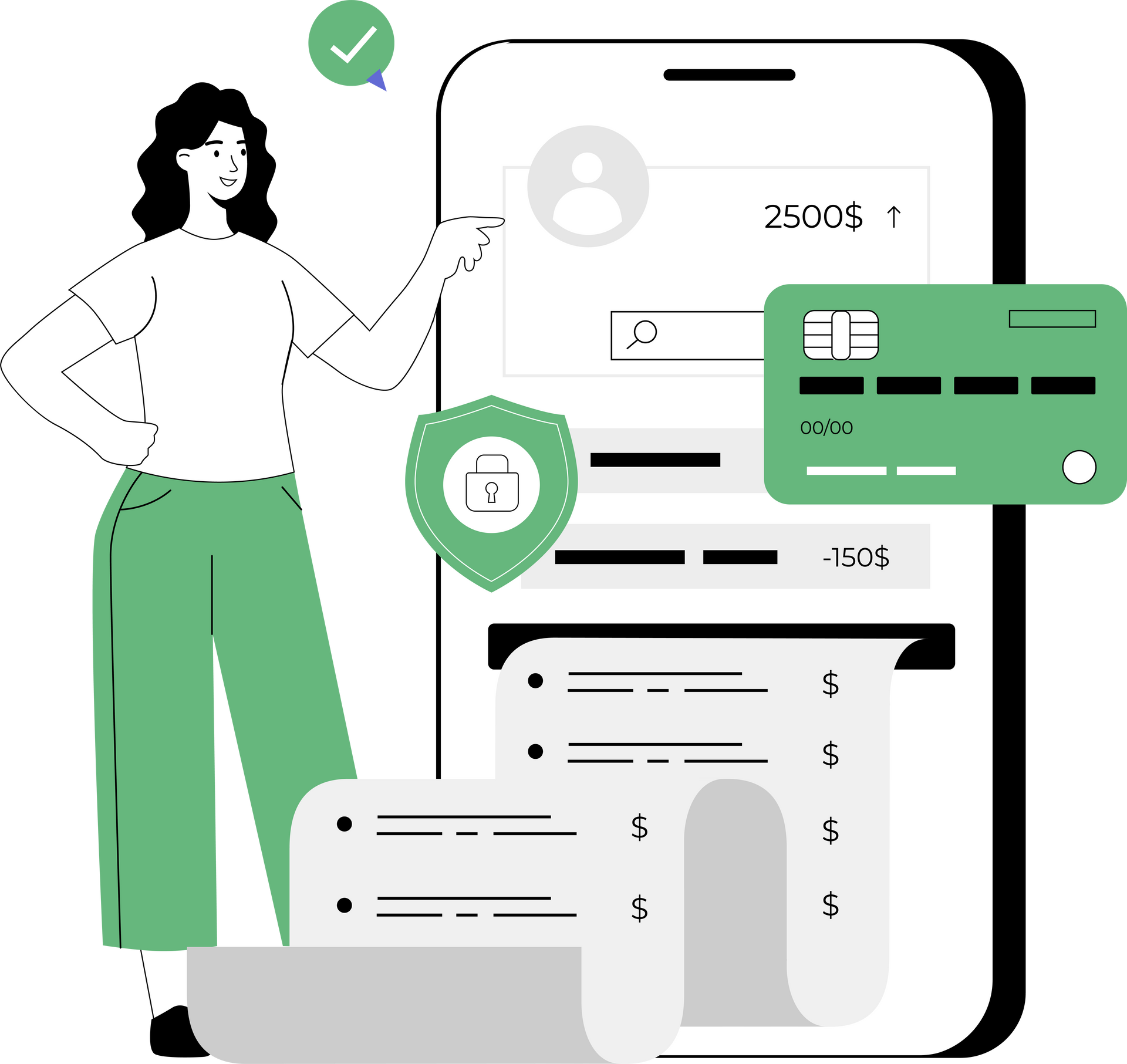 A woman is standing next to a cell phone with a credit card on it.