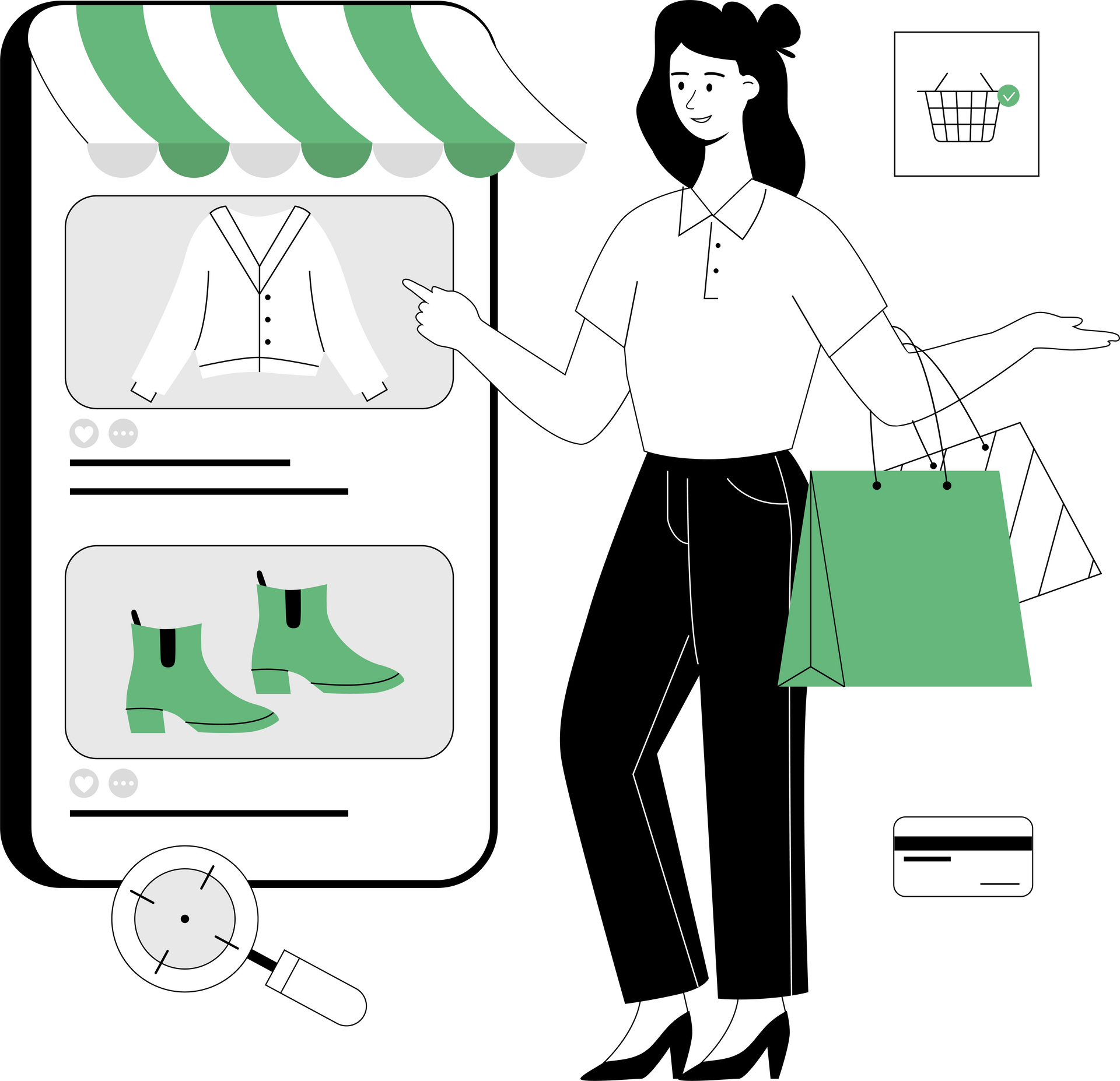 A woman is standing in front of a cell phone holding shopping bags.