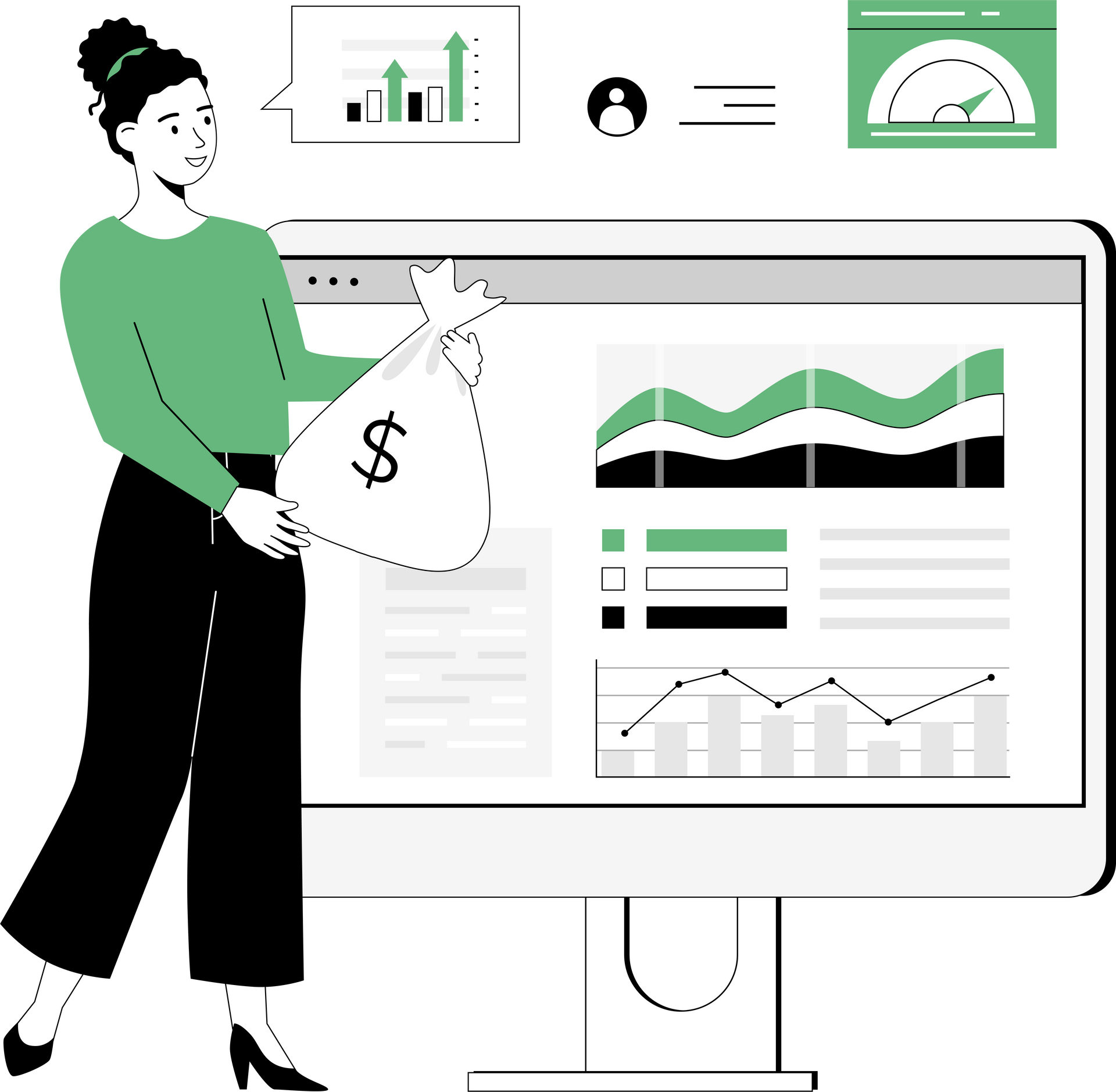 A woman is holding a bag of money in front of a computer screen.