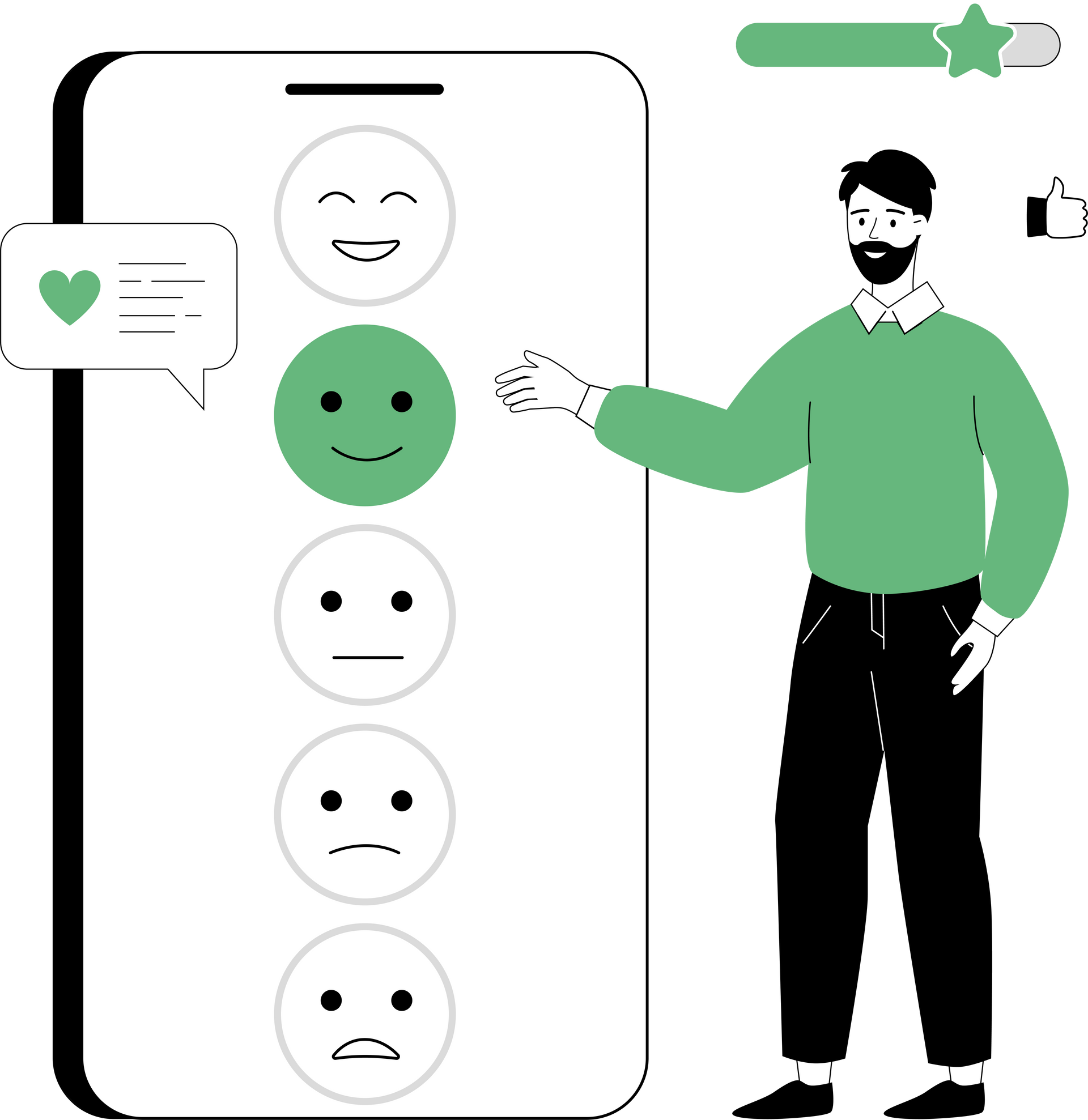A man is standing next to a cell phone with smiley faces on it.