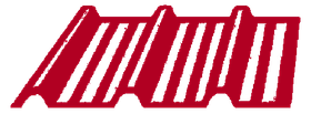 Red roof logo with white vertical stripes.
