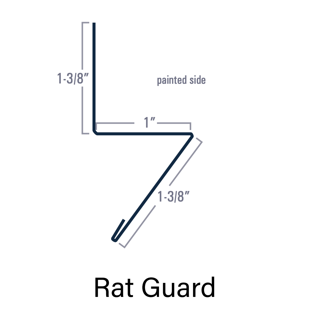 Diagram of a rat guard profile: dark metal with measurements labeled as 1-3/8