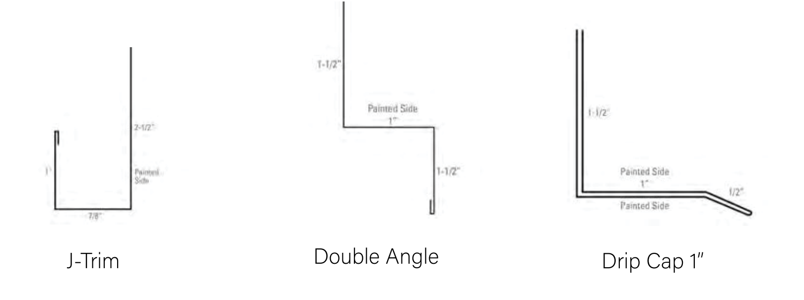 Three architectural trim profiles: J-Trim, Double Angle, and Drip Cap 1