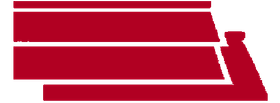 Red geometric emblem with horizontal rectangles and an angled, upright shape on the right.