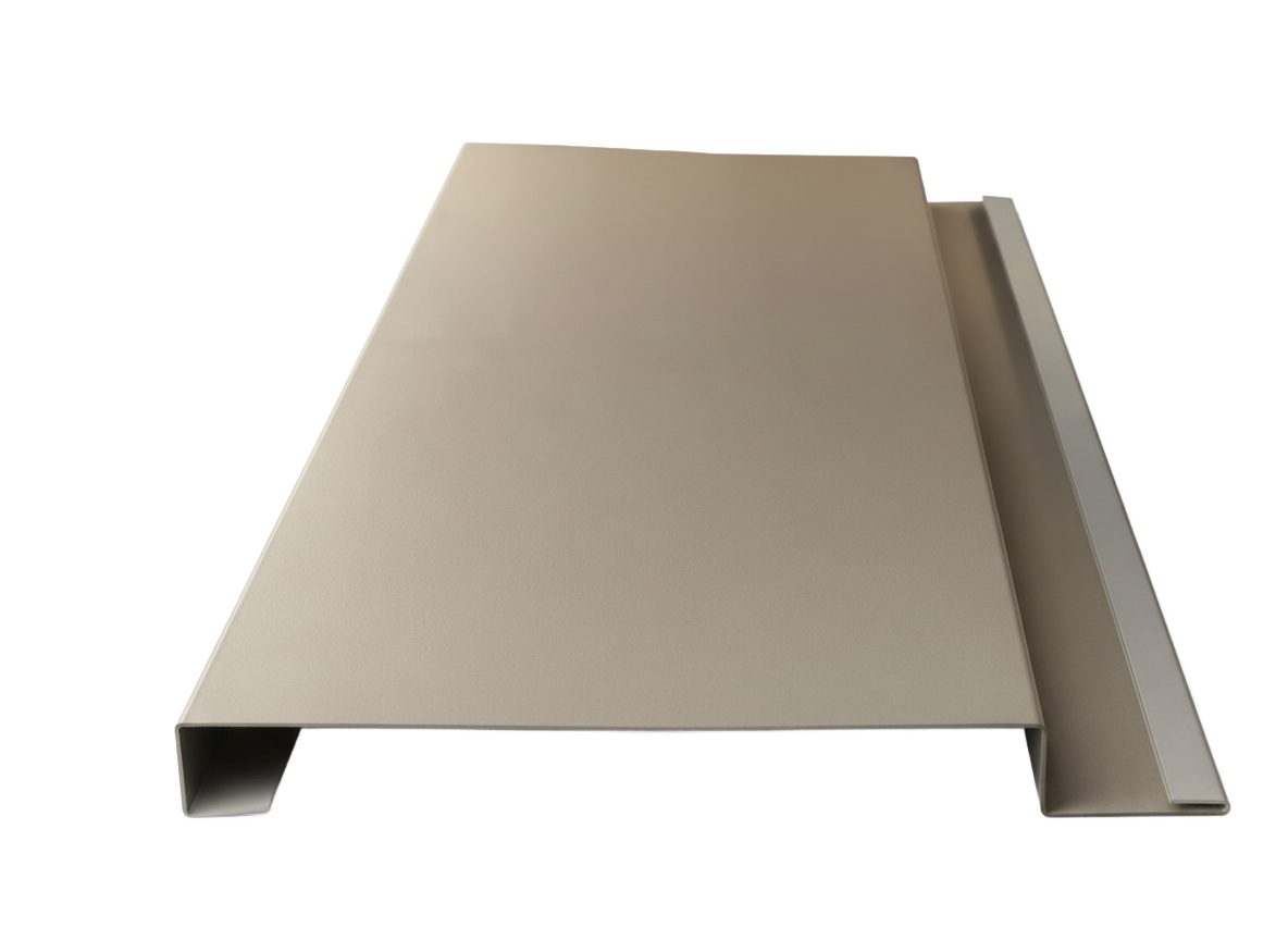 Tan metal soffit flashing, showing its shape and edge with a lip for installation.