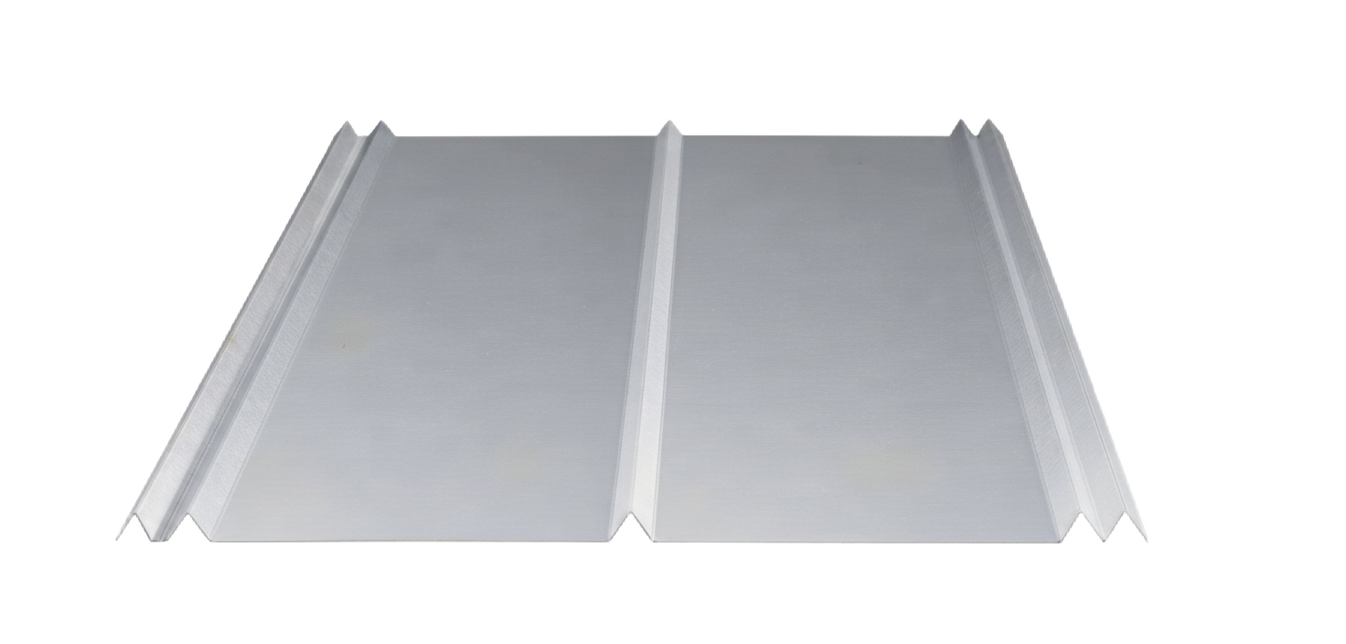 Metal roofing sheet, with raised ridges and a reflective gray surface.