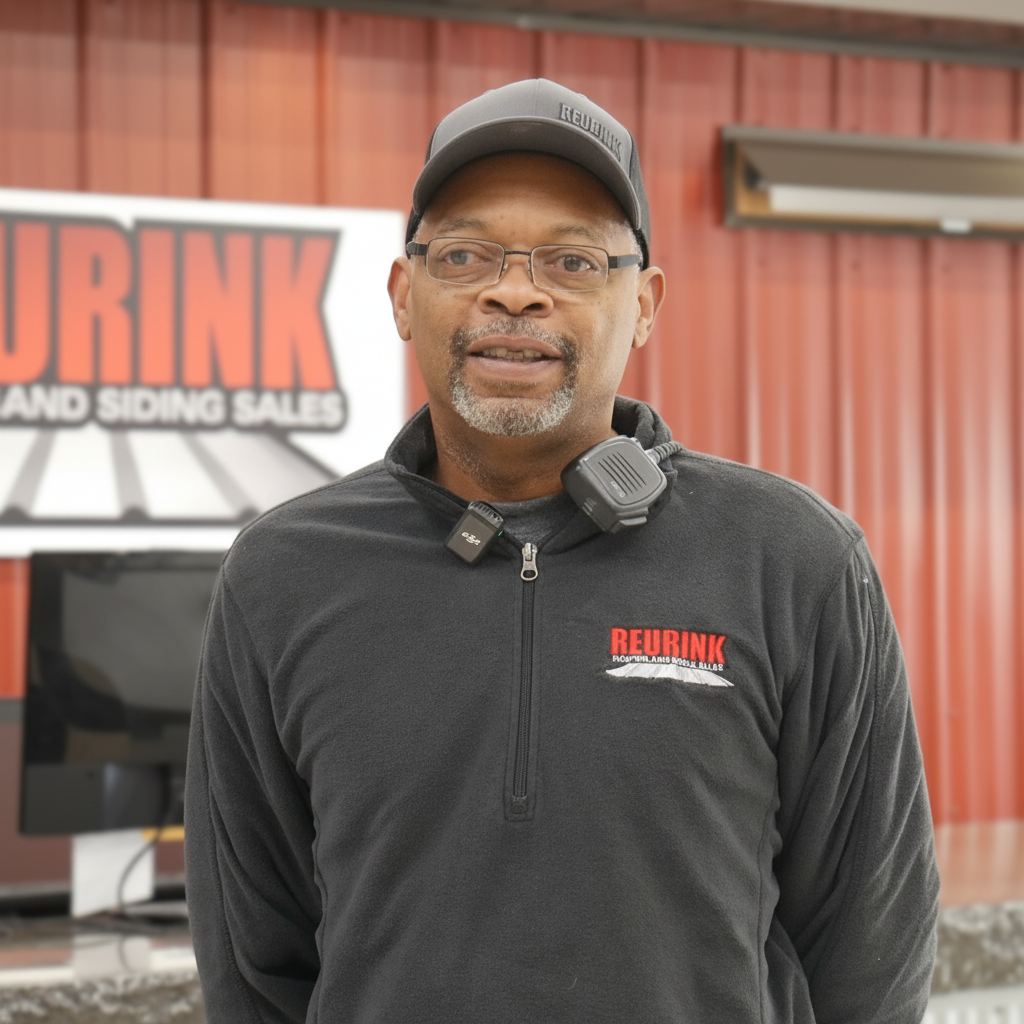 Man in glasses and hat, wearing a company shirt, in front of a sign that says