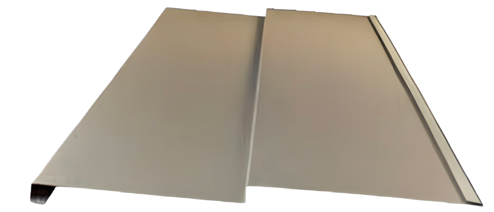 Metal roofing panel. Two sections joined with a seam, light gray.