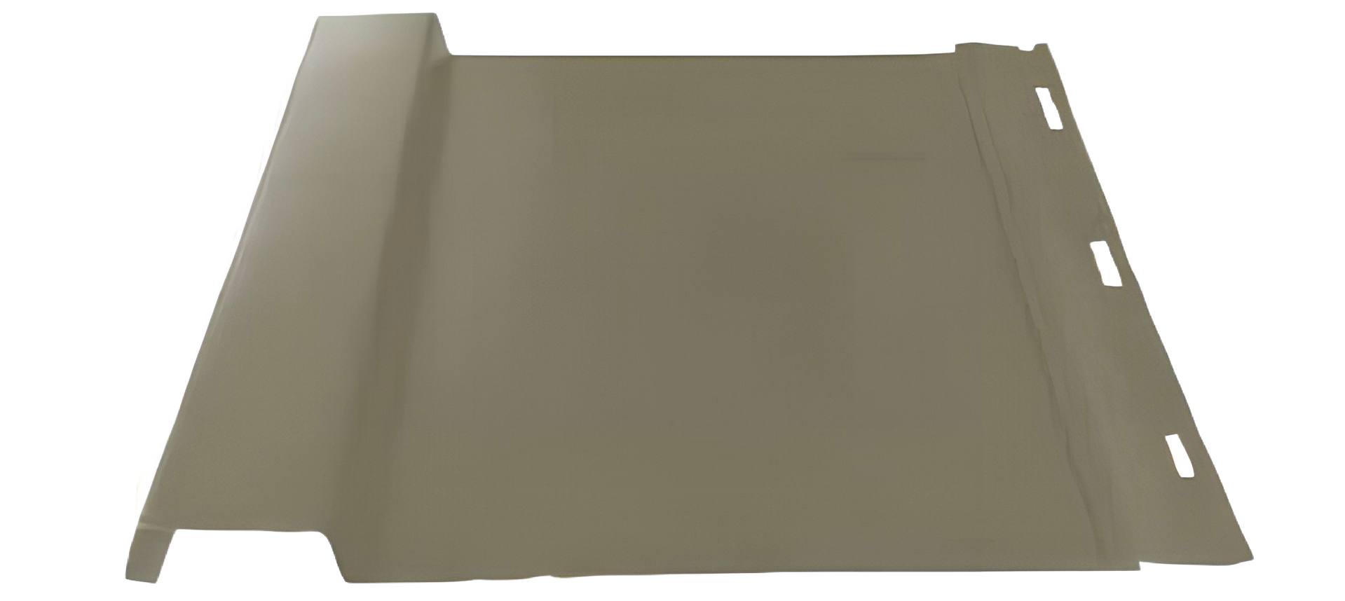 Tan-colored siding panel with a folded edge and slots for installation.