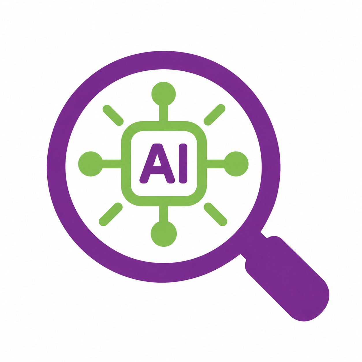 Purple magnifying glass with green AI chip icon inside
