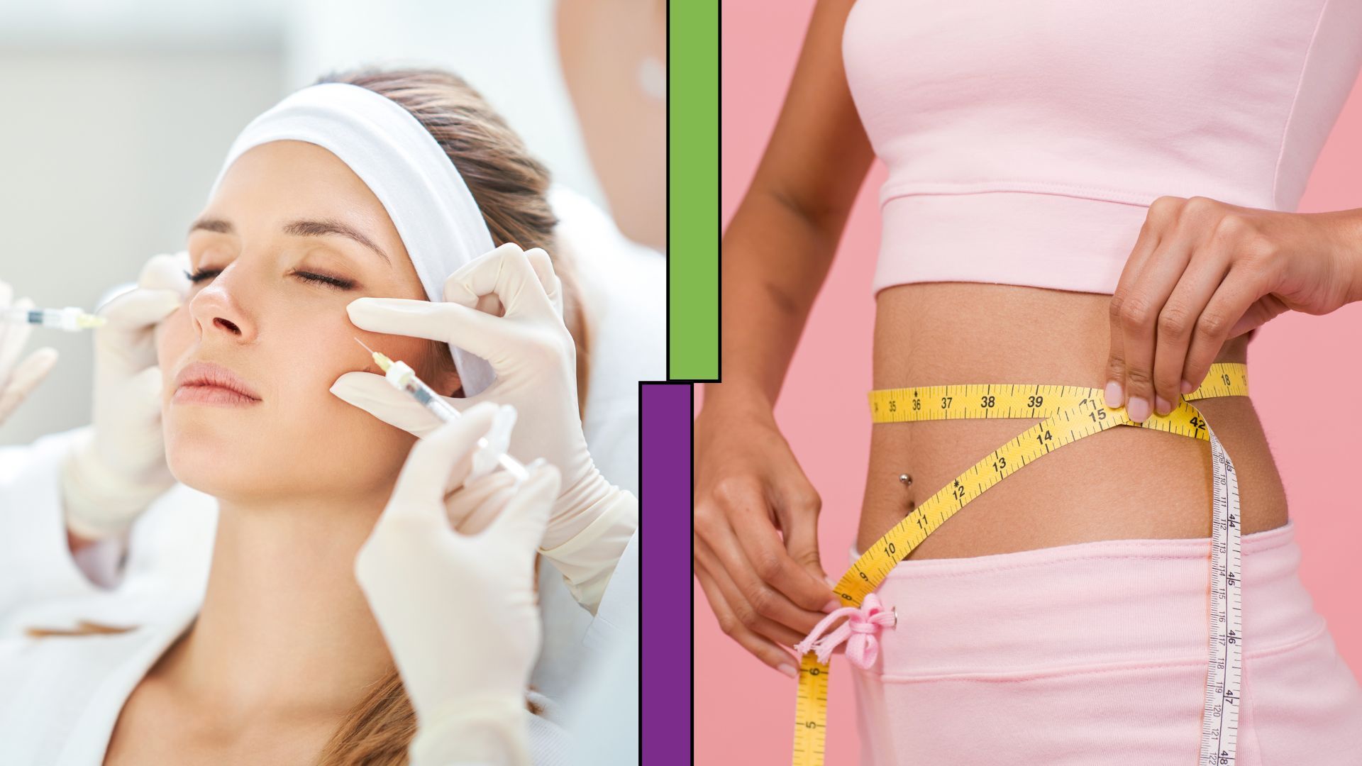 Woman receiving facial injections, next to a person measuring waist with a tape measure.
