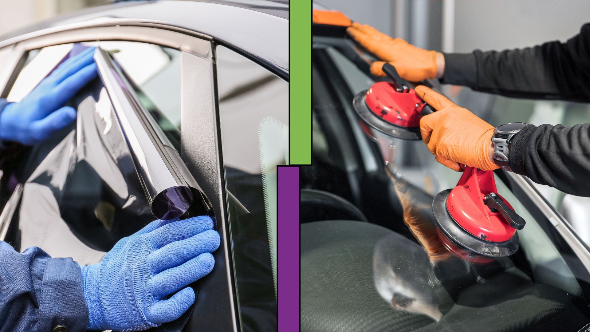 A man is applying tint to a car window and a man is installing a windshield.