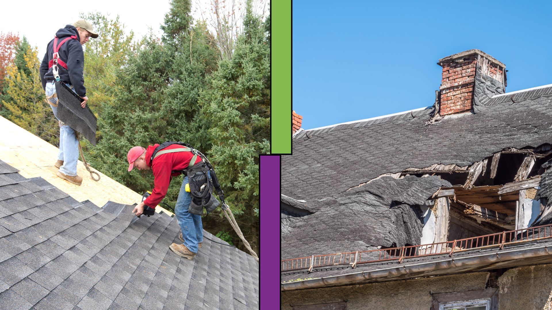 A man is working on a roof next to a picture of a roof with a chimney.