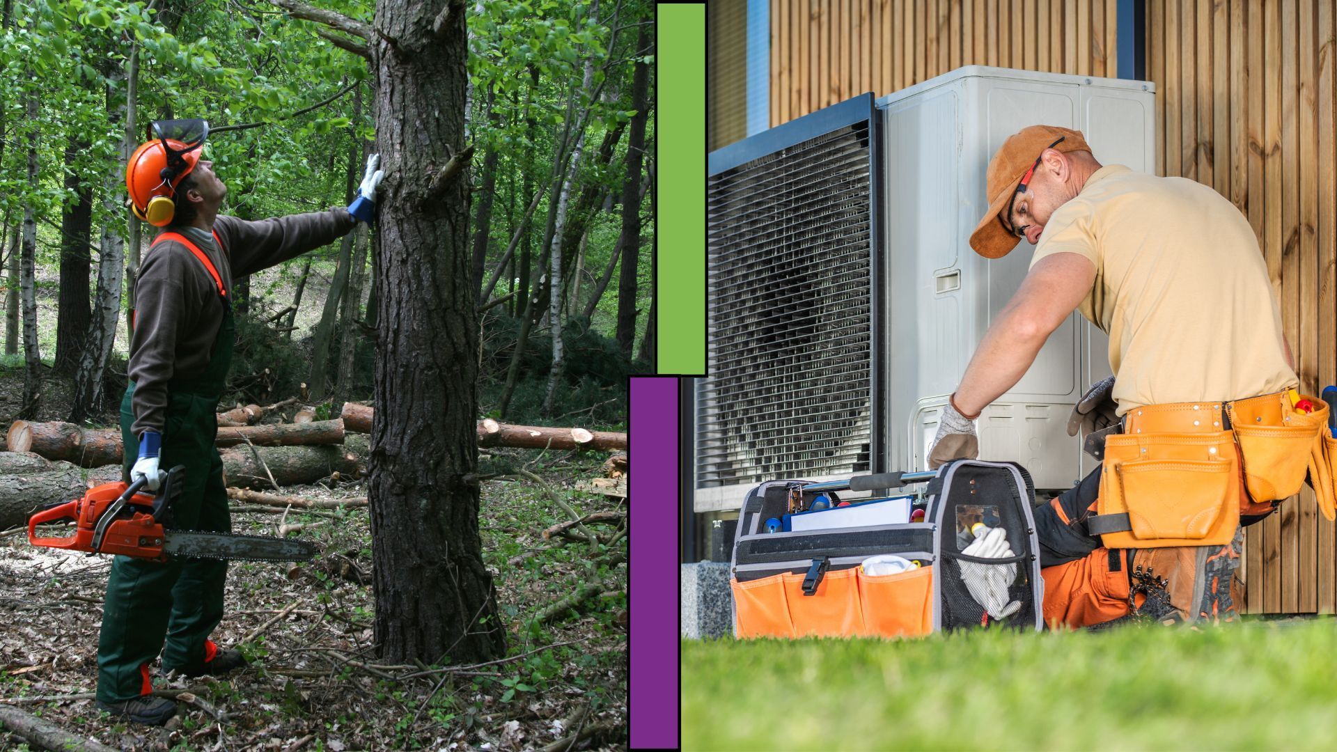 A man is cutting a tree with a chainsaw and another man is working on a HVAC unit.