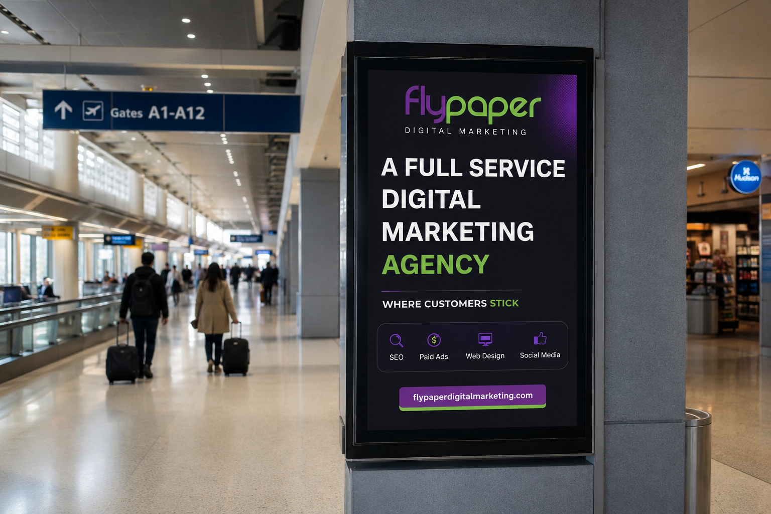 Airport hallway with a digital ad for a full-service marketing agency on a pillar display