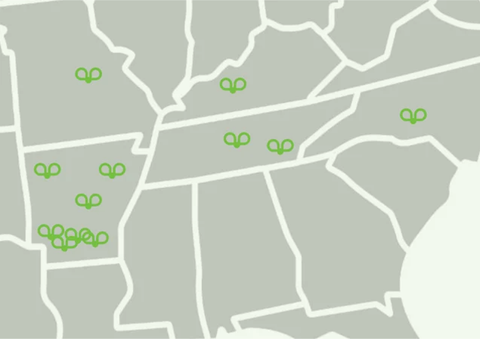Map with gray land parcels outlined in white and several small green markers clustered in areas