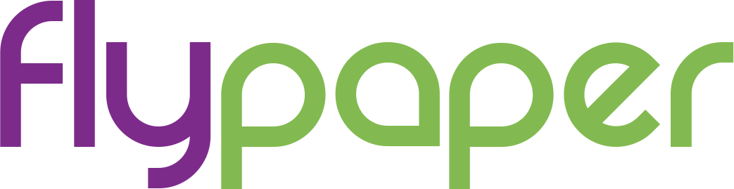 Flypaper logo in purple and green lowercase text