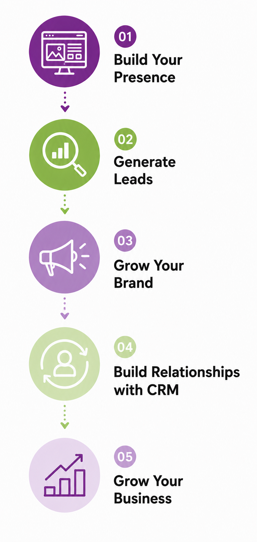 Vertical infographic with five purple and green icons: Build Your Presence, Generate Leads, Grow Your Brand, Build Relationships, Grow Your Business