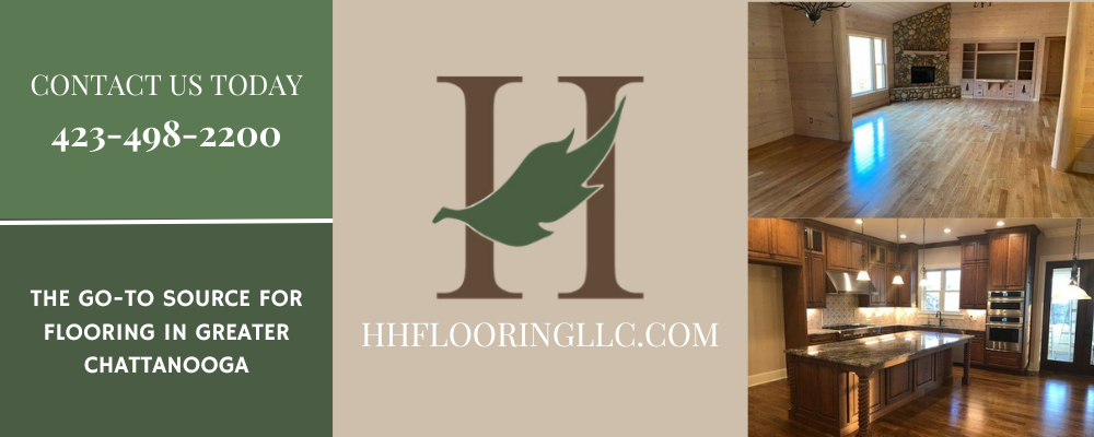 Green and beige banner for HH Flooring LLC with logo and phone number, plus two interior photos.