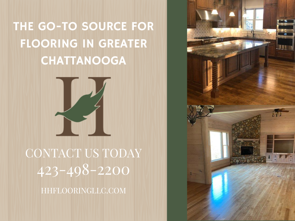 Advertisement for flooring in Chattanooga. Features logo, phone number, and two interior photos.