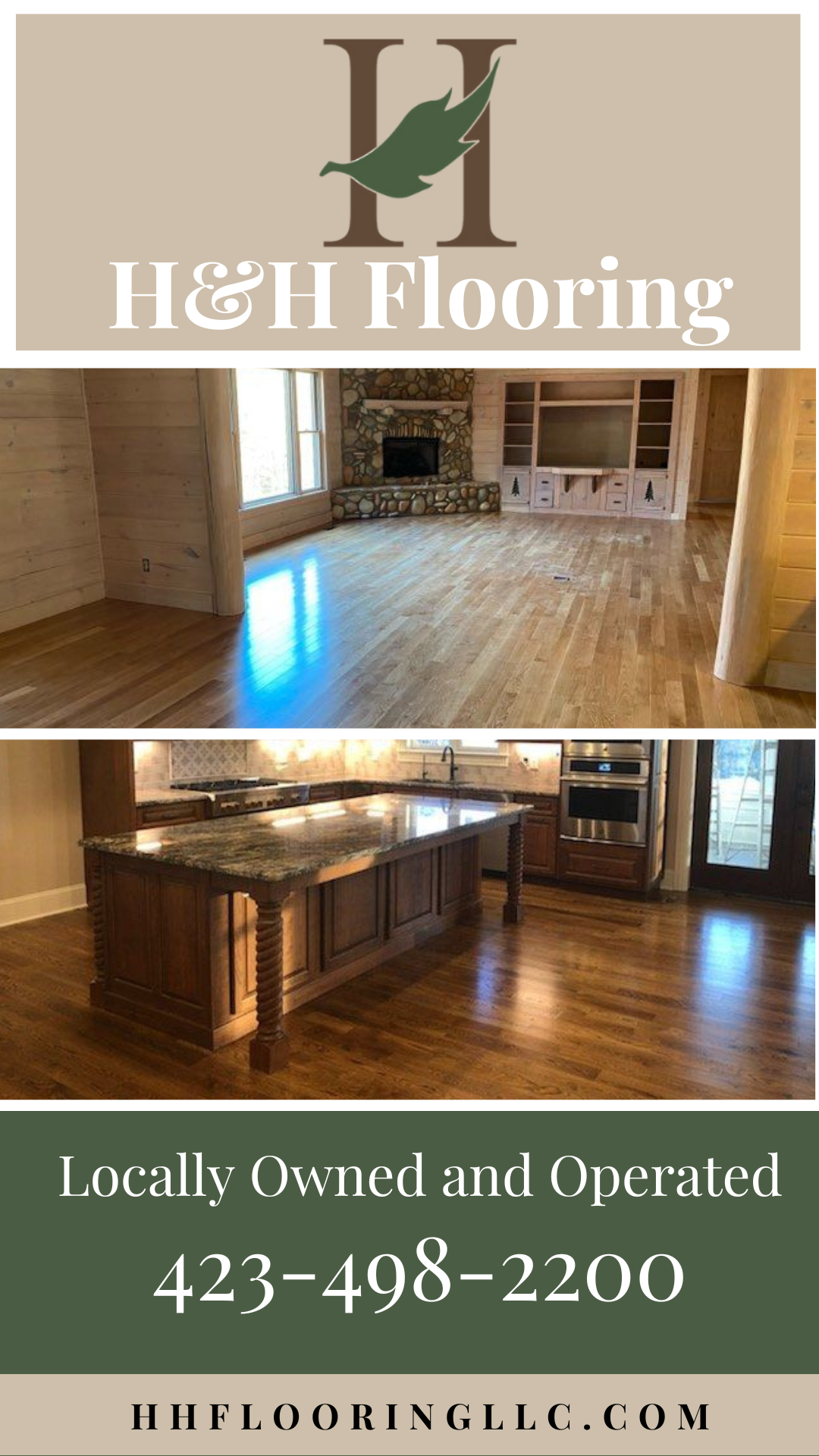 Ad for HH Flooring, showcasing hardwood floors in a living room and kitchen. Includes contact info.