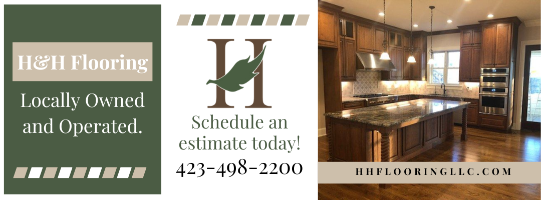 H&H Flooring ad: text and logo with a kitchen remodel photo. Phone number: 423-498-2200. Website: HHFLOORINGLLC.COM.