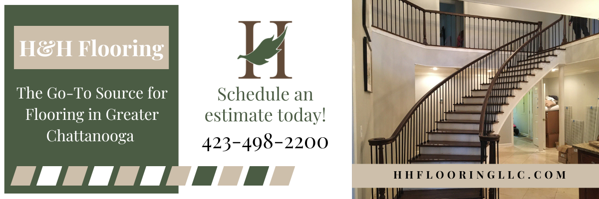 Advertisement for H&H Flooring. Text and a curved staircase in a home.