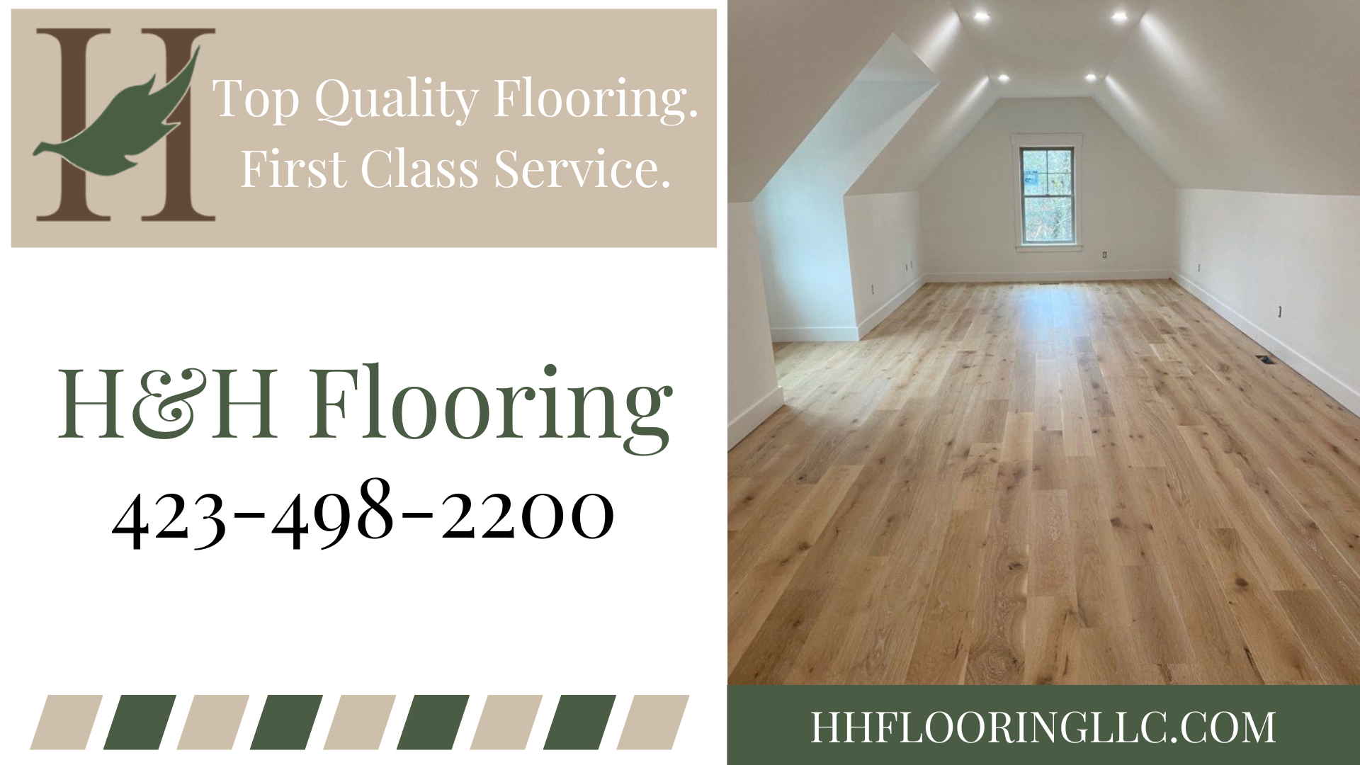 H&H Flooring ad featuring a room with wood flooring, logo with text, and phone number.