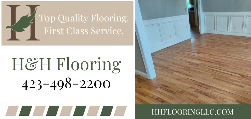 Ad for H&H Flooring: logo, phone number, and a photo of finished hardwood flooring.
