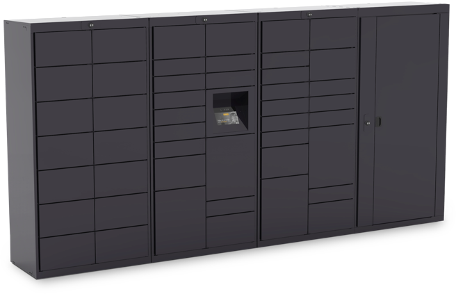 A row of black lockers with a small screen in the middle. Loft nj