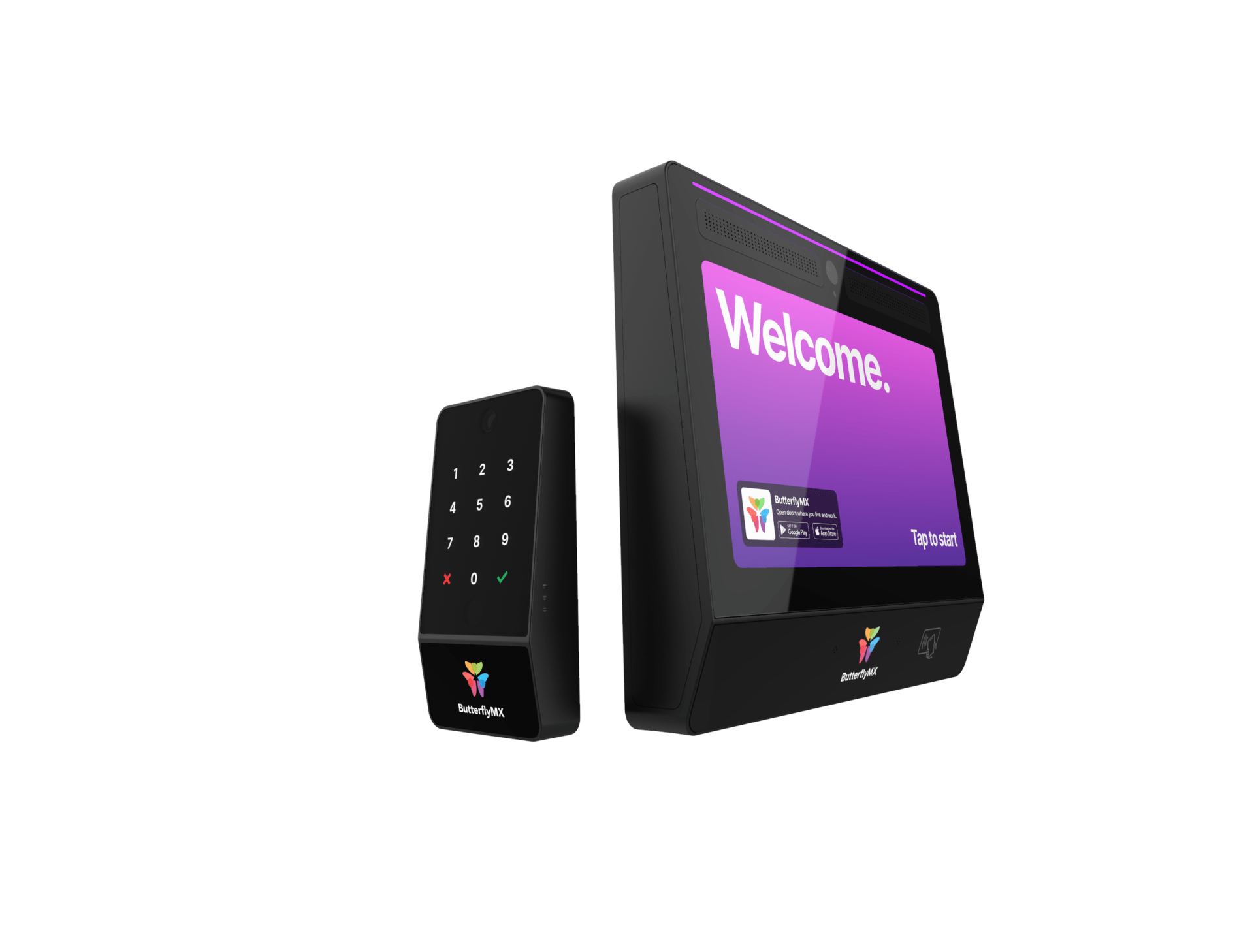 a black device with a purple screen that says welcome - loft in nju