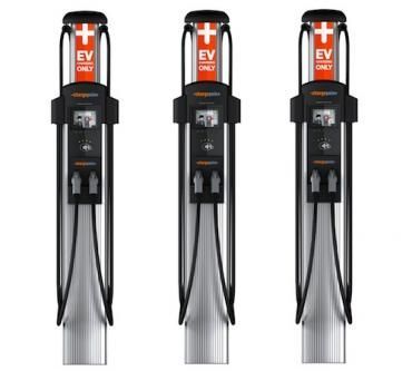 three electric vehicle charging stations are lined up next to each other on a white background. Loft in New Jersey