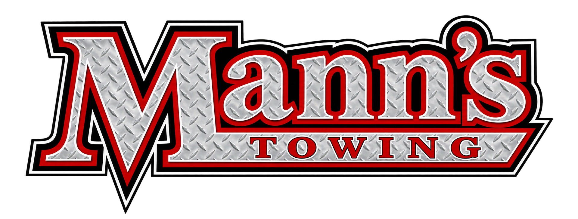 Mann's Towing logo in red and black with a silver textured background