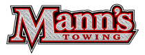 Mann's Towing logo in red and black with a silver textured background