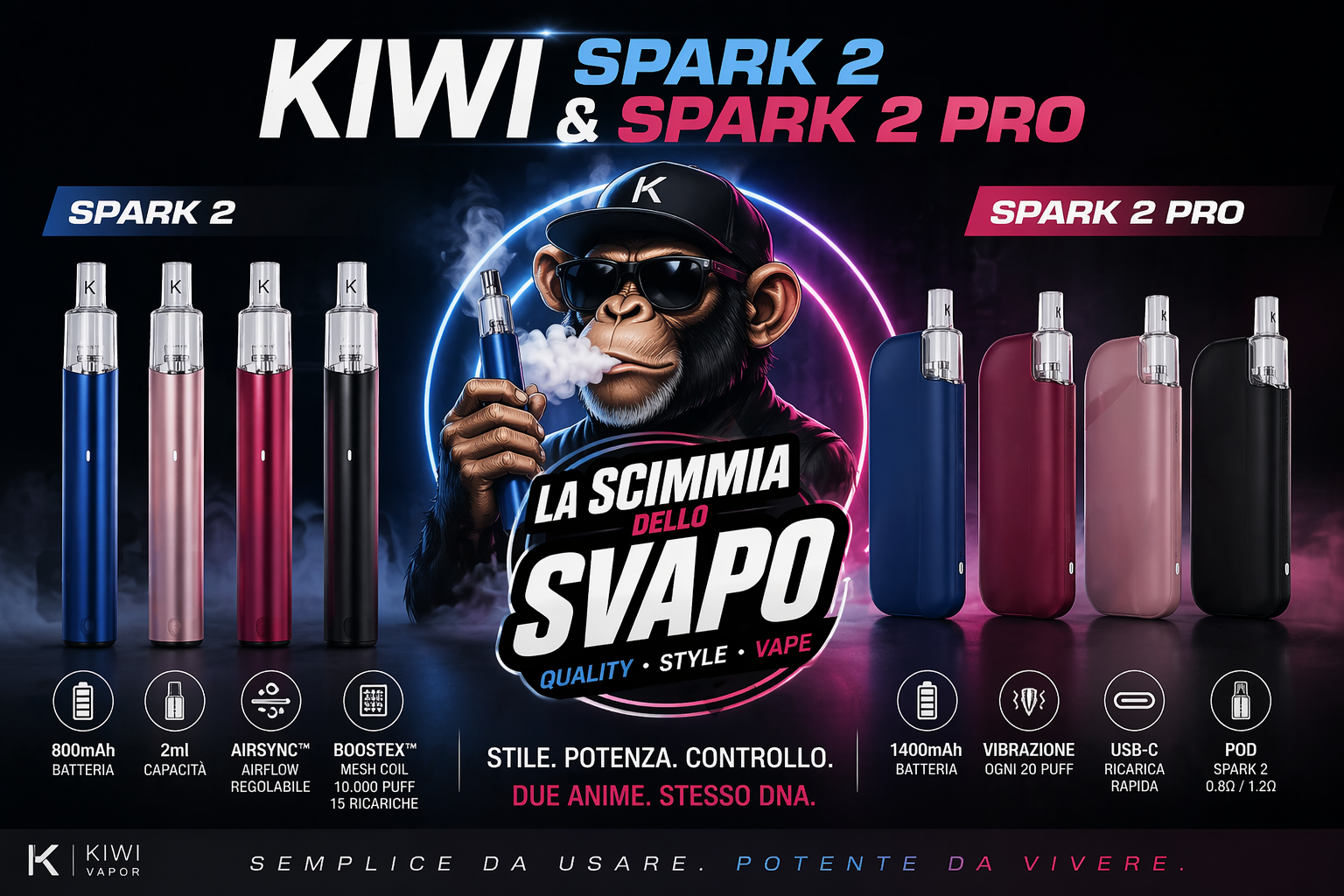 Nuova Kiwi Spark 2 e Spark 2 Pro confronto completo Kiwi Spark 2 e Kiwi Spark 2 Pro confronto pod mod La Scimmia dello Svapo nuova generazione sigaretta elettronica