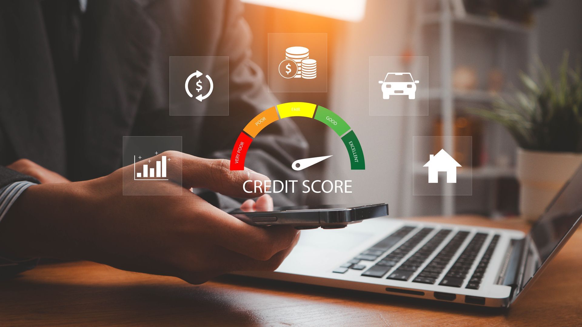 Hands typing on laptop with credit score dashboard icons and gauge overlay