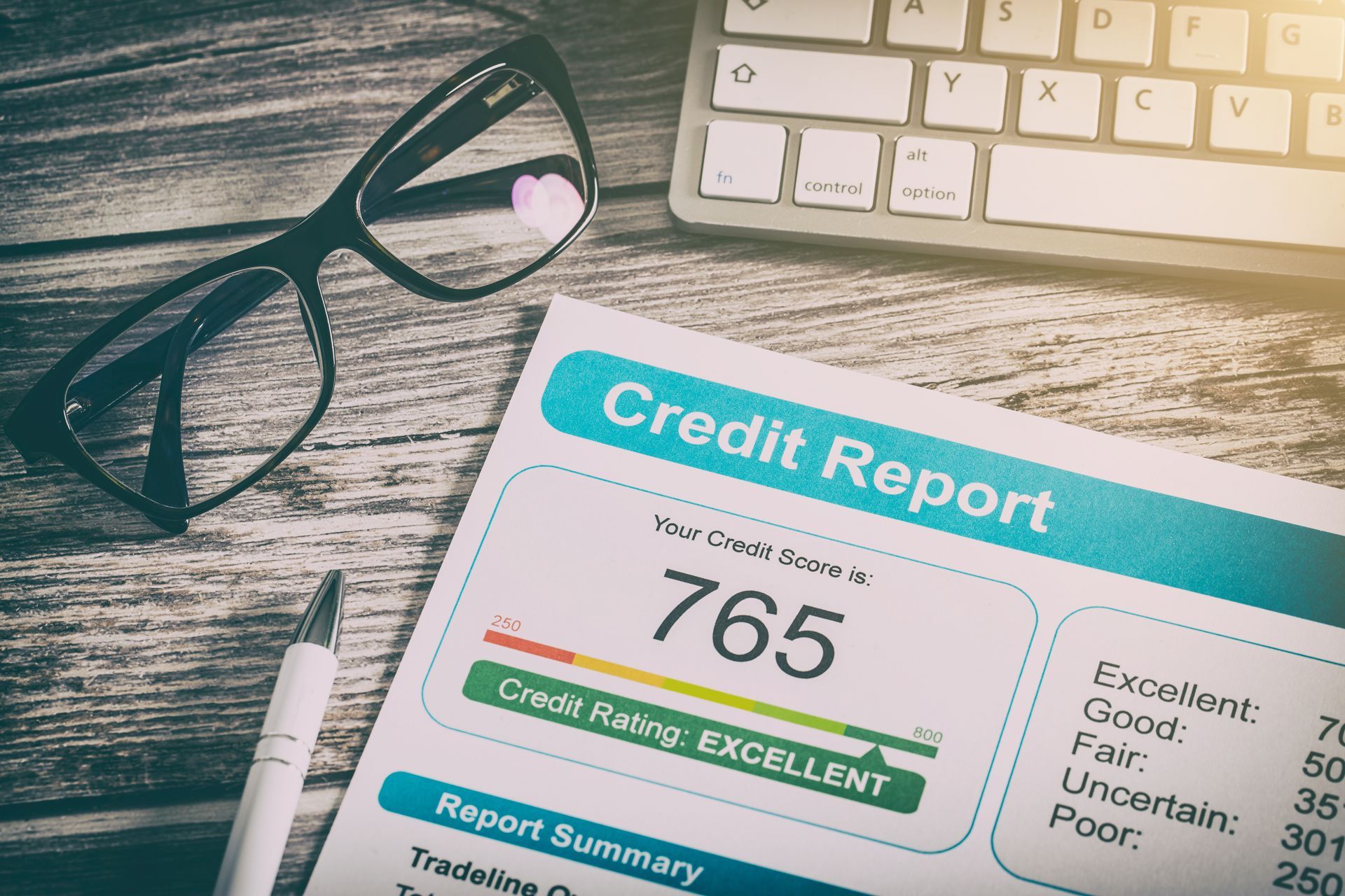Credit report showing 765 score on a desk with glasses, pen, and keyboard.