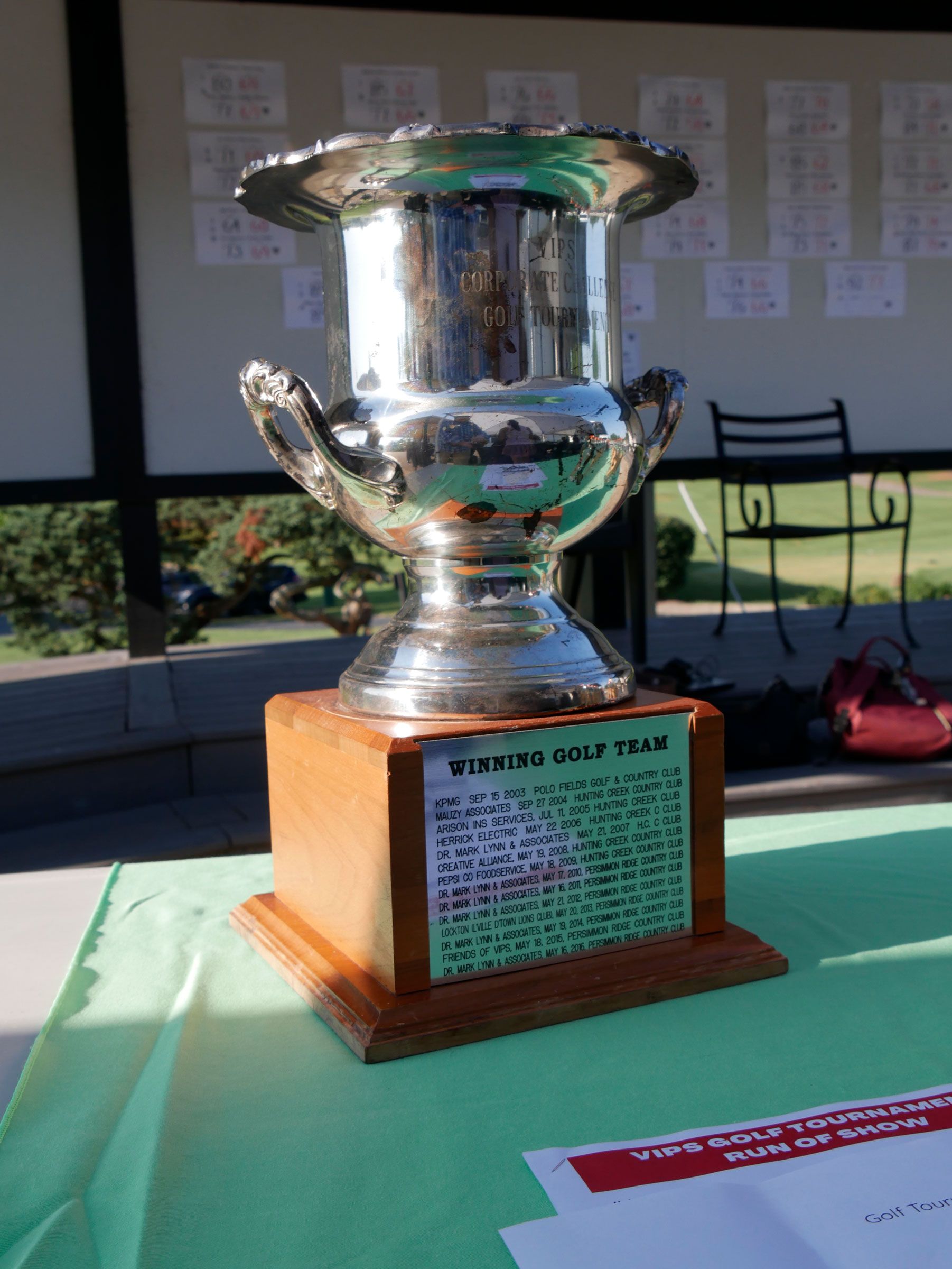 The Yum! Golf Tournament winners trophy. It’s a silver cup in a wood base. There is a silve metal plate engraved with the names of past year winners.