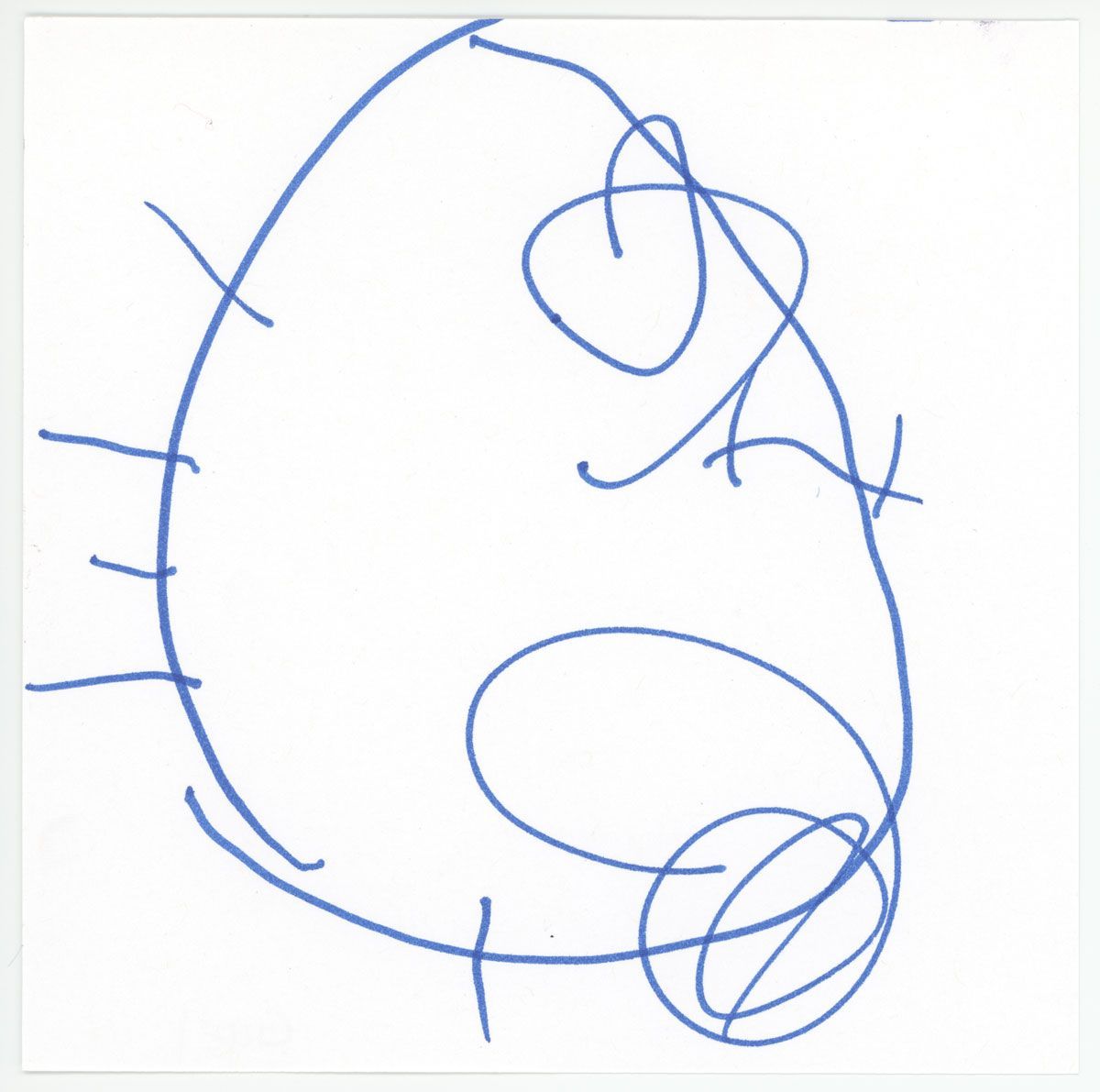 A child-drawn snowflake, chaotic with a big circle and smaller circles with a few straight lines at teh edges. Drawn with a blue marker.