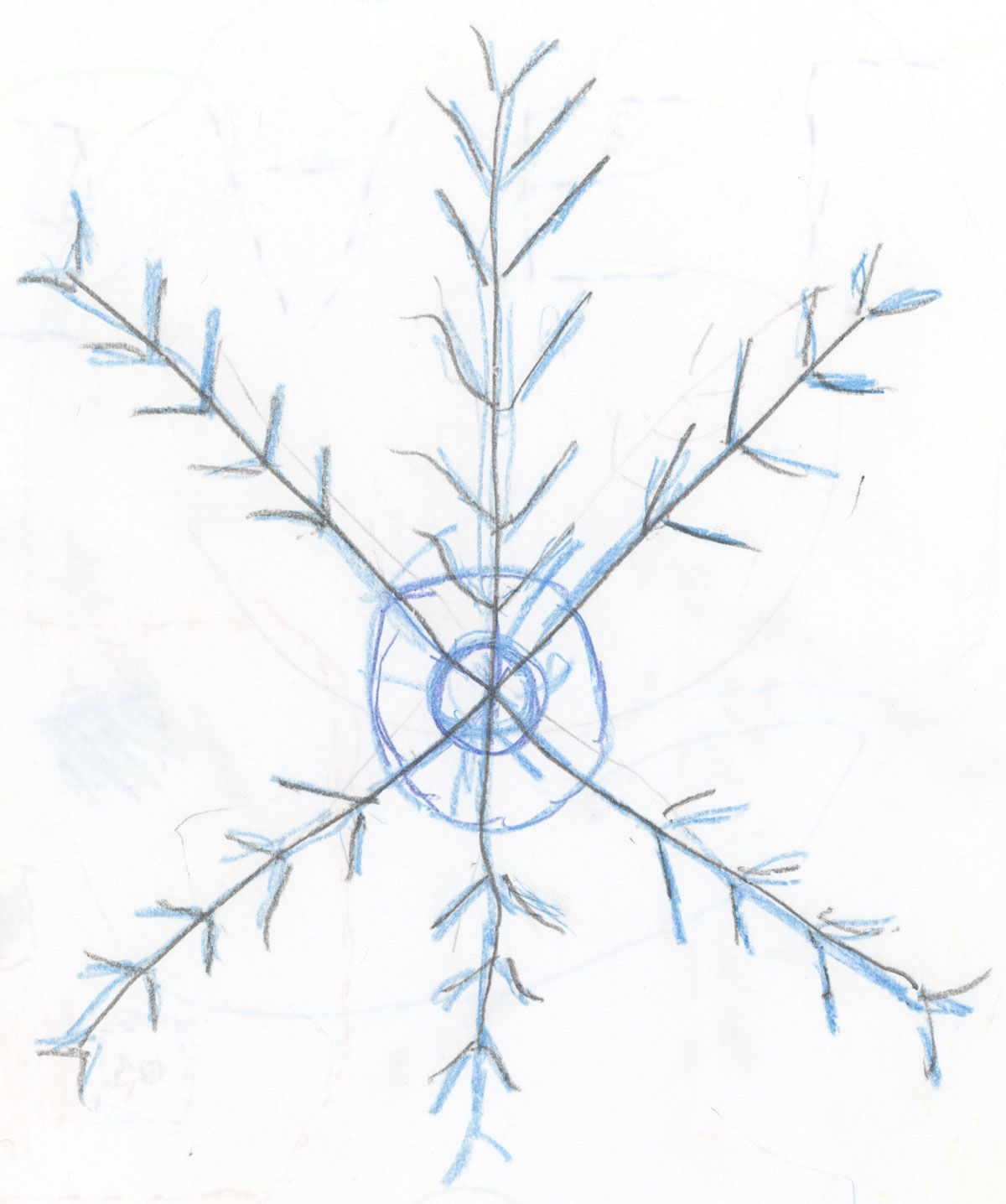 A child-drawn snowflake with six points and multiple chevrons pointing towards a center of two circles. Drawn with blue and black crayon.