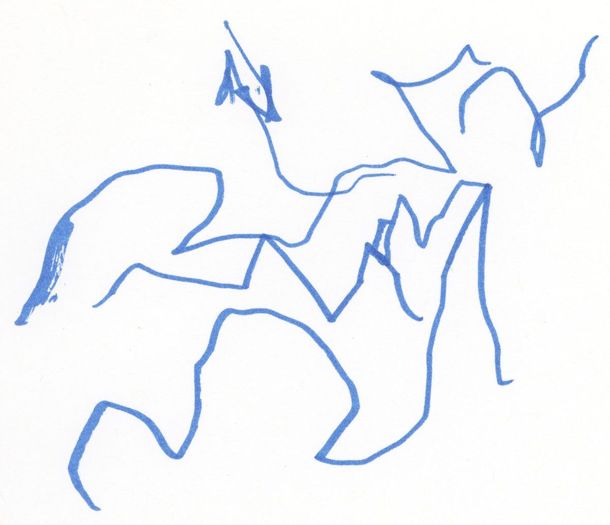 A child-drawn snowflake made with a blue marker and lots of squiggly lines.